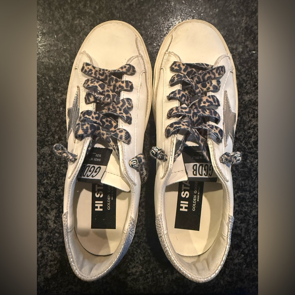Golden Goose Hi Star Sneakers with Leopard Laces and Silver Star. LIKE NEW!